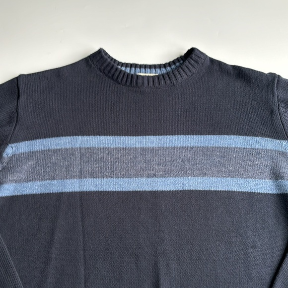 Retro Mountain Lake Chest Stripe Cotton Crewneck Navy Sweater - Picture 3 of 7